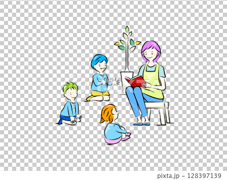 絵本の読み聞かせをする保育士と園児たち｜保育・幼稚園イラストシリーズ 128397139