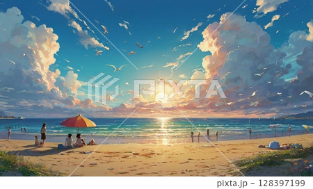 灼熱の海に浮かぶ入道雲と真夏の記憶を描いた幻想風景 128397199