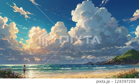 灼熱の海に浮かぶ入道雲と真夏の記憶を描いた幻想風景 128397208
