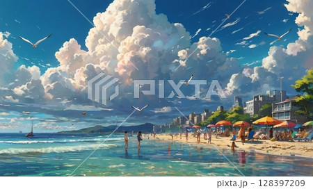 灼熱の海に浮かぶ入道雲と真夏の記憶を描いた幻想風景 128397209