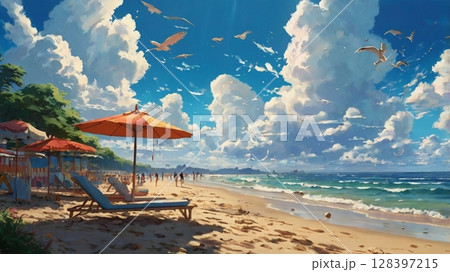 灼熱の海に浮かぶ入道雲と真夏の記憶を描いた幻想風景 128397215