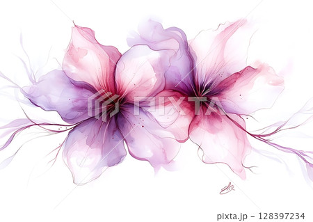 Soft Pink and Purple Abstract Flower Illustration with Fluid Art Techniques 128397234