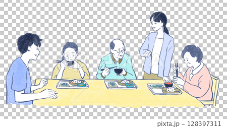 福祉・介護：食事をするシニアグループと若い男女スタッフ 128397311