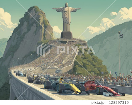 Formula Cars Race Past Iconic Christ Statue Massive Crowd Cheers 128397319