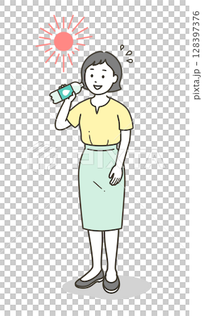 猛暑に炎天下で水分補給をする若い女性の全身イラスト 128397376