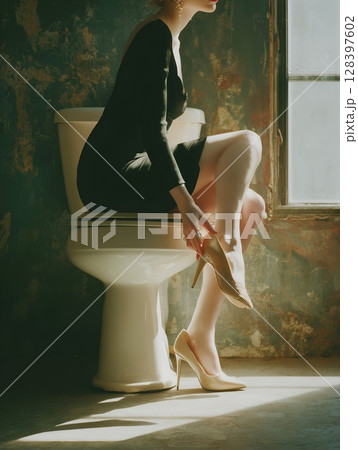 Elegant Woman in Black Dress Puts on Heels in a Sunlit Bathroom 128397602