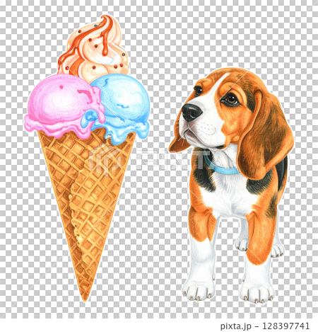 冰淇淋和小獵犬小狗的水彩插圖2/傳單和海報材料 128397741