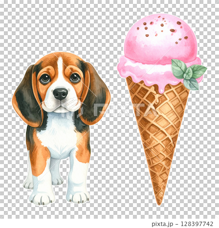 冰淇淋和小獵犬小狗的水彩插圖 3 / 傳單和海報材料 128397742