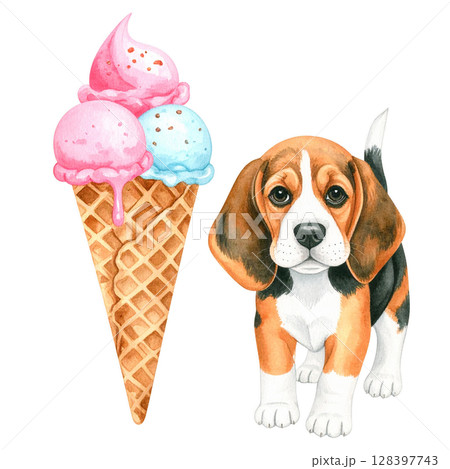 アイスクリームとビーグルの子犬の水彩画イラスト4/チラシやポスター用素材 アイスクリームとビーグルの子犬の水彩画イラスト4/チラシやポスター用素材 128397743