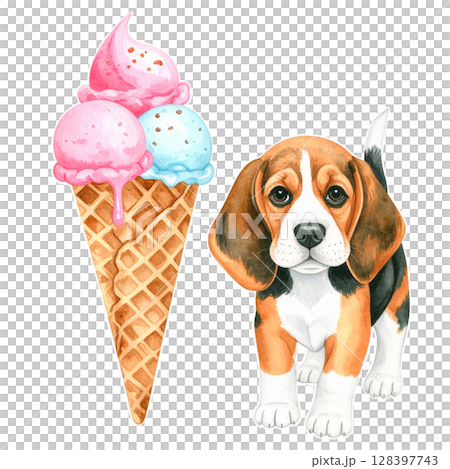 冰淇淋和小獵犬小狗的水彩插圖 4 / 傳單和海報材料 冰淇淋和小獵犬小狗的水彩插圖 4 / 傳單和海報材料 128397743