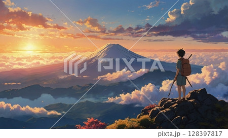 富士山頂から望む神々しいご来光と天空に広がる雲海の絶景 128397817