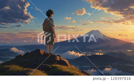 富士山頂から望む神々しいご来光と天空に広がる雲海の絶景 128397818