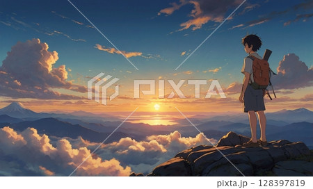 富士山頂から望む神々しいご来光と天空に広がる雲海の絶景 128397819