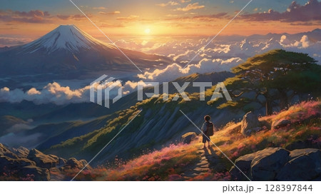 富士山頂から望む神々しいご来光と天空に広がる雲海の絶景 128397844