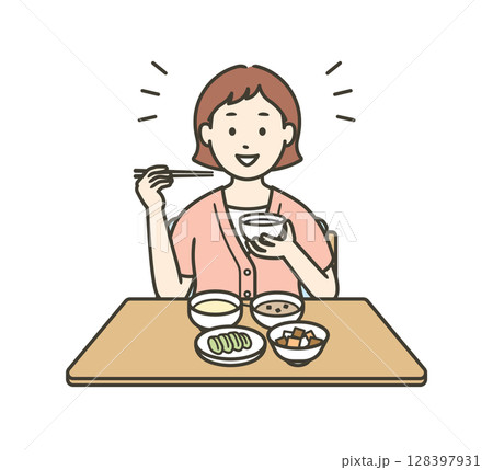 健康的な食事をする半袖の服を着た笑顔の若い女性のイラスト 128397931