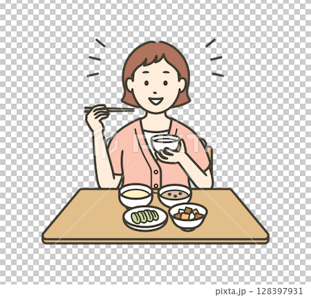 健康的な食事をする半袖の服を着た笑顔の若い女性のイラスト 128397931
