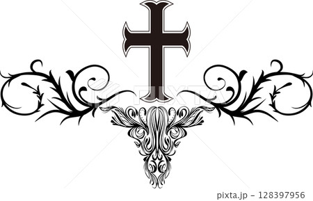 十字架とおしゃれな左右対称系トライバルマーク 十字架とおしゃれな左右対称系トライバルマーク 128397956