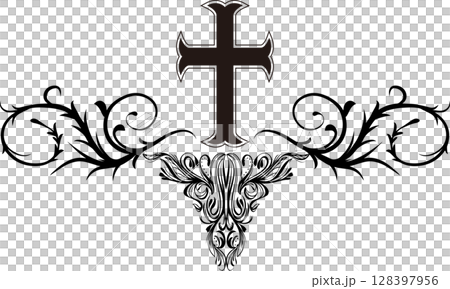 十字架とおしゃれな左右対称系トライバルマーク 十字架とおしゃれな左右対称系トライバルマーク 128397956