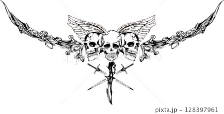 スカルのおしゃれな左右対称系トライバルマーク スカルのおしゃれな左右対称系トライバルマーク 128397961