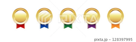 5色のリボン付き金メダルセット（赤・青・緑・紫・オレンジ）／表彰・受賞・アイコン素材 128397995