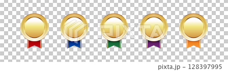 一組金牌，帶有 5 種顏色的絲帶（紅色、藍色、綠色、紫色、橙色）/獎項、獎品、圖標材料 128397995