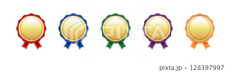 5色のリボン付き金メダルセット（赤・青・緑・紫・オレンジ）／表彰・受賞・アイコン素材 128397997