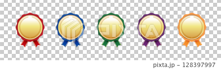 一組金牌，帶有 5 種顏色的絲帶（紅色、藍色、綠色、紫色、橙色）/獎項、獎品、圖標材料 128397997