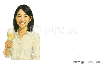 白ワインを手に笑顔の若い日本人女性(クレヨン画、16:9横長バナー、PNG&JPG) 128398032