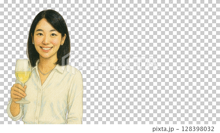 白ワインを手に笑顔の若い日本人女性(クレヨン画、16:9横長バナー、PNG&JPG) 128398032
