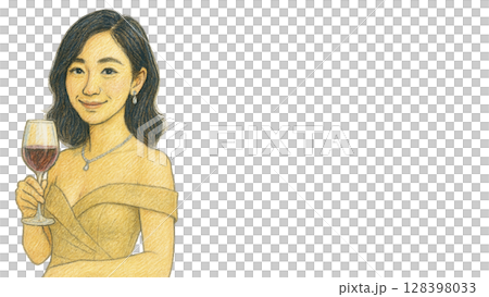 一位衣著講究的日本女性，手裡拿著一杯紅酒，面帶微笑（蠟筆畫，16:9 橫向橫幅，PNG 和 JPG） 128398033