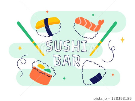 Sushi Bar Vector Illustration Featuring Japanese Asian Food or Restaurant with Sashimi and Rice Served with Soy Sauce and Wasabi in a Flat Background Sushi Bar Vector Illustration Featuring Japanese Asian Food or Restaurant with Sashimi and Rice Served with Soy Sauce and Wasabi in a Flat Background 128398189