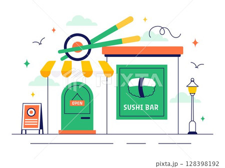 Sushi Bar Vector Illustration Featuring Japanese Asian Food or Restaurant with Sashimi and Rice Served with Soy Sauce and Wasabi in a Flat Background 128398192