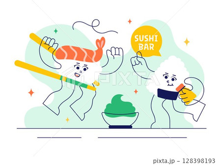 Sushi Bar Vector Illustration Featuring Japanese Asian Food or Restaurant with Sashimi and Rice Served with Soy Sauce and Wasabi in a Flat Background 128398193