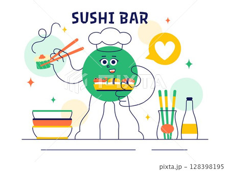 Sushi Bar Vector Illustration Featuring Japanese Asian Food or Restaurant with Sashimi and Rice Served with Soy Sauce and Wasabi in a Flat Background 128398195