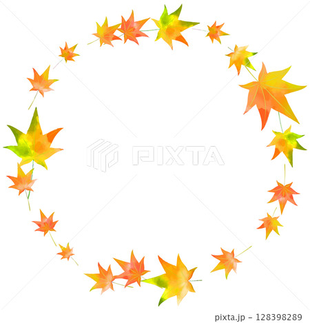 秋の紅葉 水彩風円フレーム枠イラスト素材　カラフル　オレンジ黄色黄緑 　pngベクター 128398289