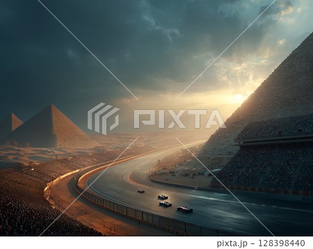 Thrilling Race Beneath Ancient Pyramids, Sunset Glow Thrilling Race Beneath Ancient Pyramids, Sunset Glow 128398440