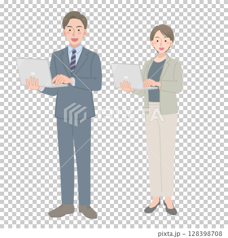 西裝革履的男人和女人拿著電腦 128398708