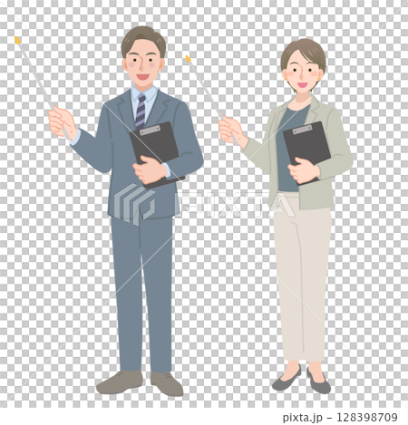 Men and women in suits holding pointers 128398709