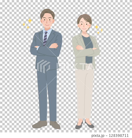 穿著西裝、雙臂交叉的男士和女士 穿著西裝、雙臂交叉的男士和女士 128398711