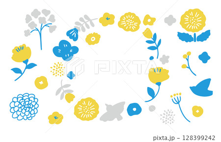 北欧風の草木と花のイラストセット。夏の草花の北欧風フレーム。かわいい花の背景。 128399242