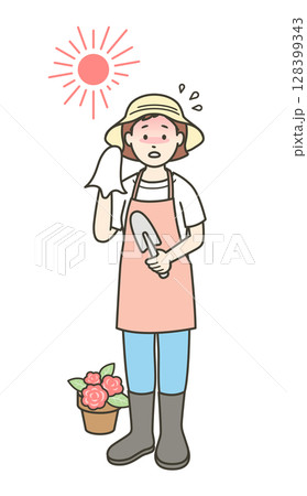 夏にガーデニングをしていたら熱中症になった若い女性のイラスト 128399343