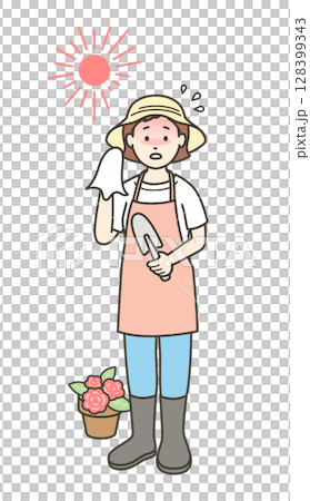一位年輕女子在夏天做園藝時中暑的插圖 128399343