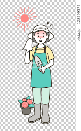 一位年輕女子在夏天做園藝時中暑的插圖 128399575