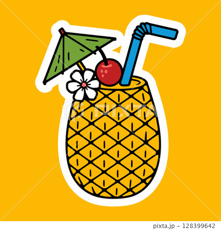 Tropical Pineapple Drink Cartoon Illustration Tropical Pineapple Drink Cartoon Illustration 128399642
