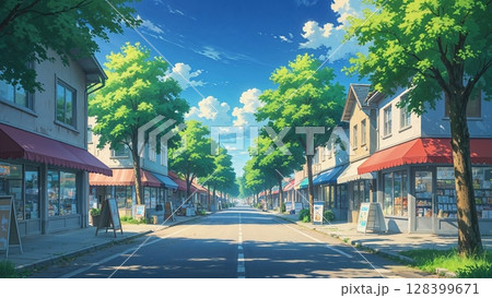 人気のない夏の住宅街の交差点を描いた風景イラスト 128399671