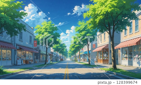 自転車が停められた夏の街頭と木陰の情景イラスト 128399674