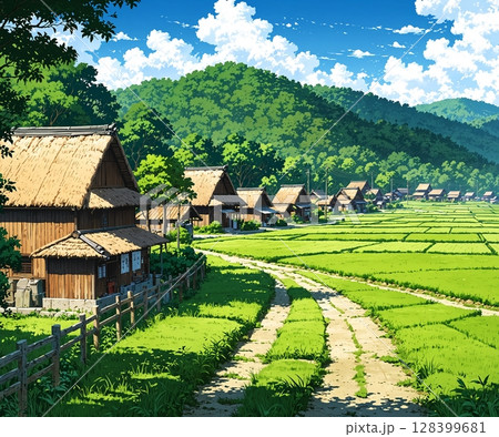 緑と光が交差する、夏の街頭の爽やかな風景イラスト 128399681