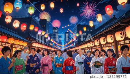 浴衣姿の人々で賑わう、夜の夏祭りの情景イラスト（※人物なしでも雰囲気表現） 128399773