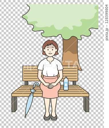 Illustration of a young woman taking a break on a bench in the shade in summer 128399804