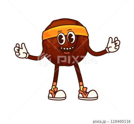 Cartoon groovy coconut nut or seed character with funny face and funky smile, vector comic personage. Groovy coconut or macadamia nut comic emoji with open arms and hugs for food cartoon character Cartoon groovy coconut nut or seed character with funny face and funky smile, vector comic personage. Groovy coconut or macadamia nut comic emoji with open arms and hugs for food cartoon character 128400116